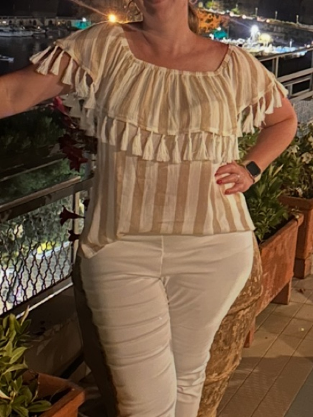 Andree Beige and White Off-Shoulder Tassel Stripe Top